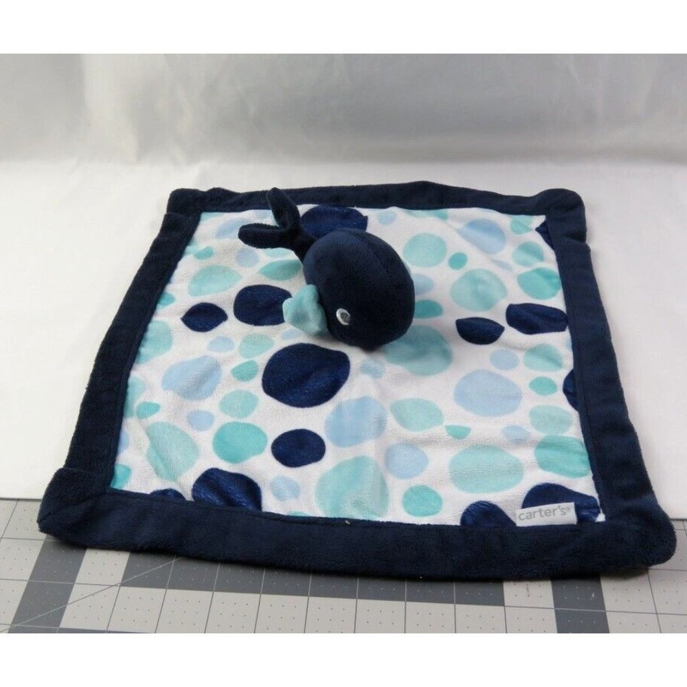 Carter's Whale Plush Baby Lovey Security Blanket Navy Blue White Water Bubbles
